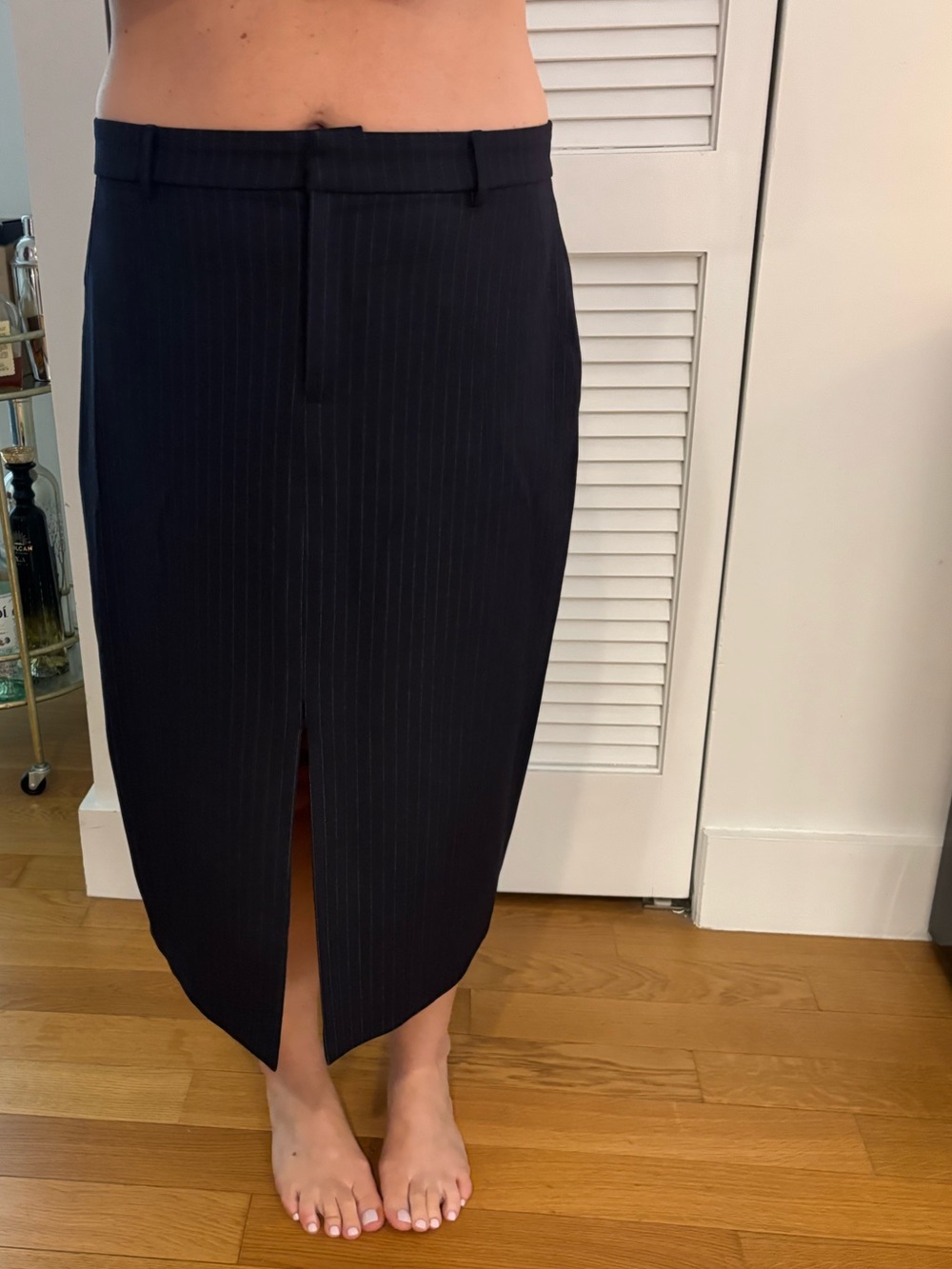 Aqua Navy Pinstripe Pencil Skirt with Front Slit